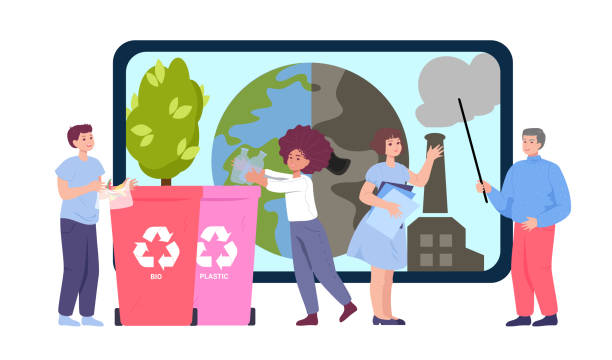 Students learning about environment issues vector illustration Students learning about environment issues vector illustration. Children sorting and recycling garbage, teacher explaining sustainability and nature conservation. Ecology, education concept air pollution monitor stock illustrations