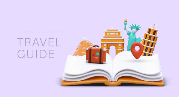 istock Travel guide. Giant unfolded book with 3D world sights, geotags, luggage 1516736230