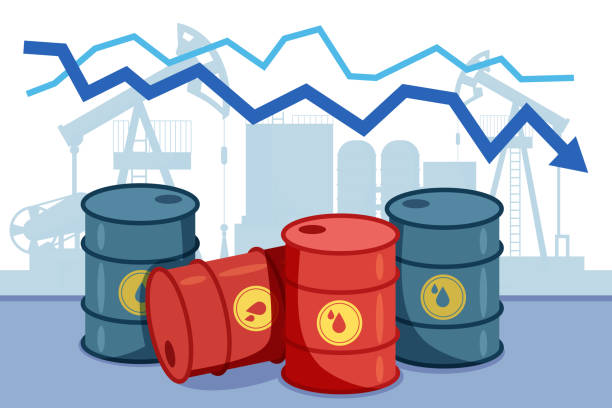 istock Red and blue oil barrels and downward arrow vector illustration 1516740715