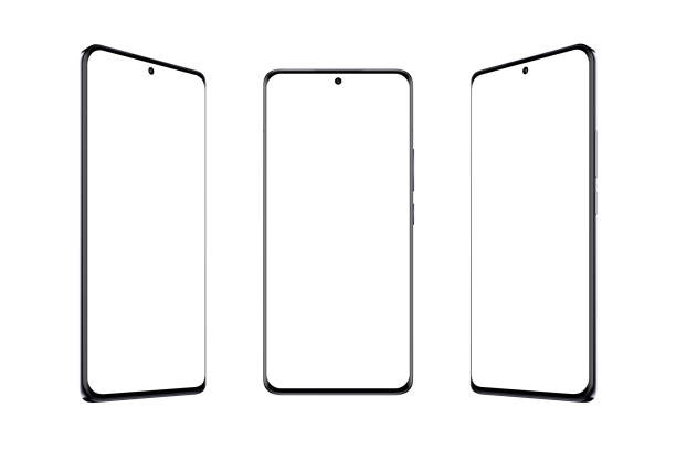 istock Modern smart phone with thin and round edges with isolated screen and background. Showcase in three position. Screen mockup for app presentation 1516741868