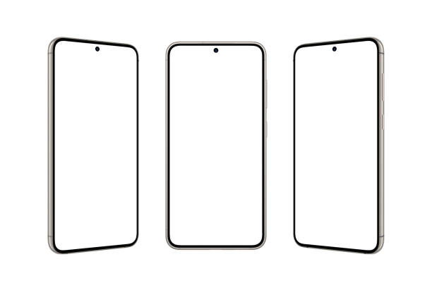 istock Small rounded phone with a small built-in camera in the display. Isolated screen and background for mockup, app presentation. Front, left and right position 1516741882