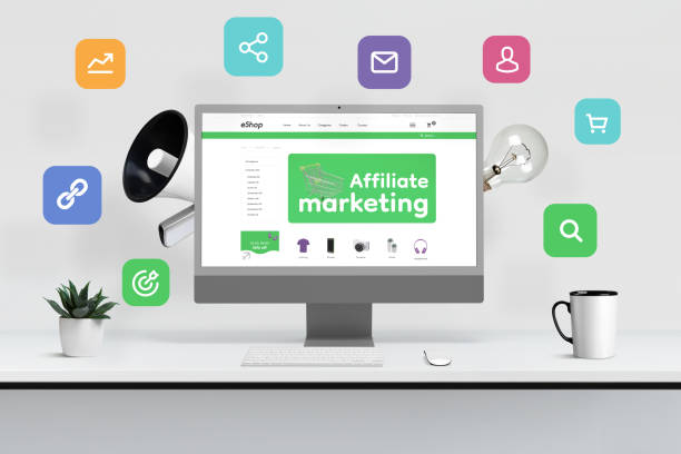 istock Computer display surrounded by megaphone, bulb and affiliate marketing icons concept. Modern ecommerce web page on computer display 1516742330