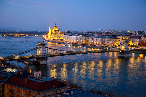 Hungarian parliament at dusk from Buda castle, Budapest, Hungary