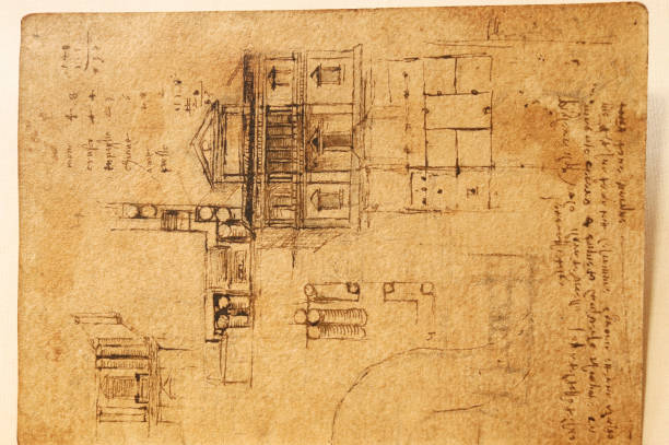 istock Manuscript, drawings, blueprints, house project by Leonardo Da Vinci in the old book The Codice Sul Volo, by E. Rouveyre , 1893 1516748288