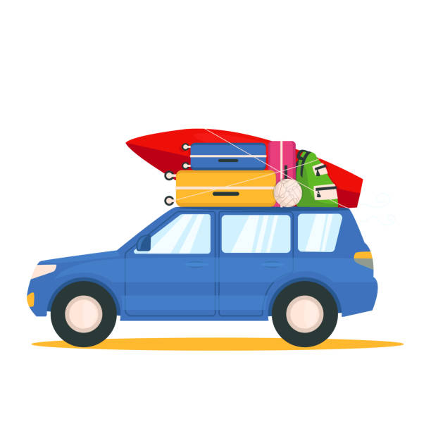 istock Blue car with things goes on vacation. Suitcases, a surfboard, a backpack, a ball are fixed on the roof. Vector graphic. 1516755796
