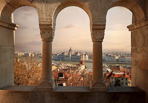 View through arches of Budapest, Hungary