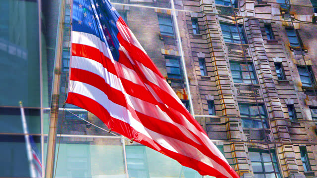 American Flag and Manhattan Typical Residential Building