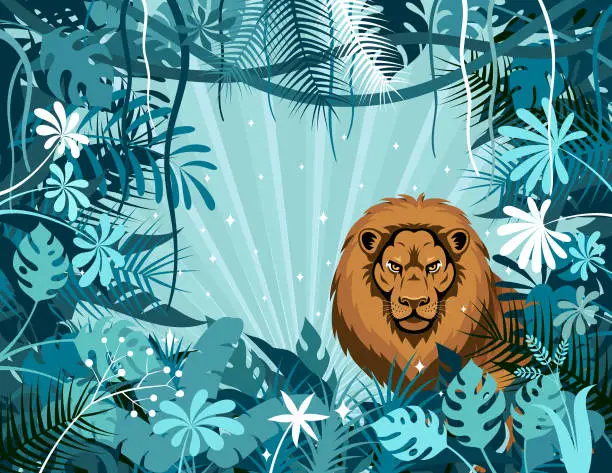 Vector illustration of King Lion in the bushes. Mascot Creative Logo Design.