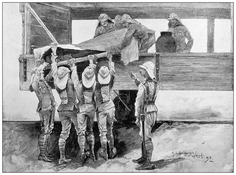 Antique image from British magazine: Sudan advance, removing the sick from fort Atbara