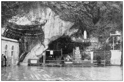 Antique image from British magazine: Holy Grotto, Lourdes, Crutches