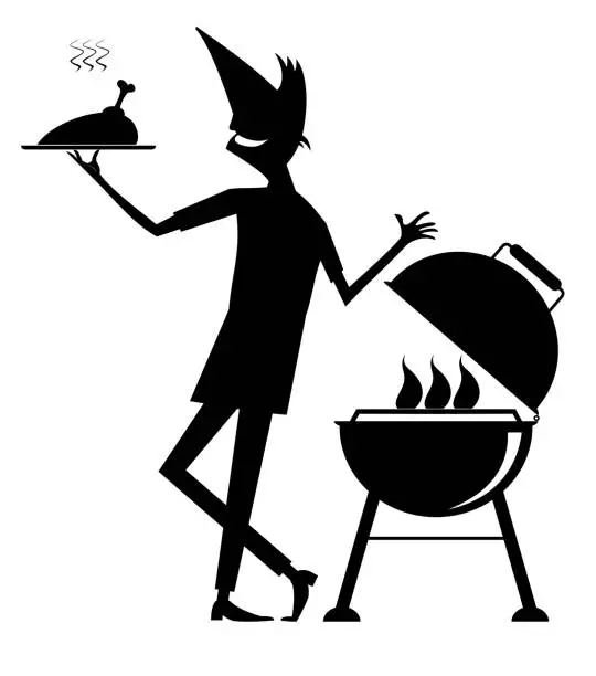 Vector illustration of Smiling man preparing meat on fire