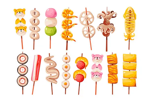 Vector illustration of Japanese street food. Yakitori set with different skewers. Asian fast food. Vector illustration