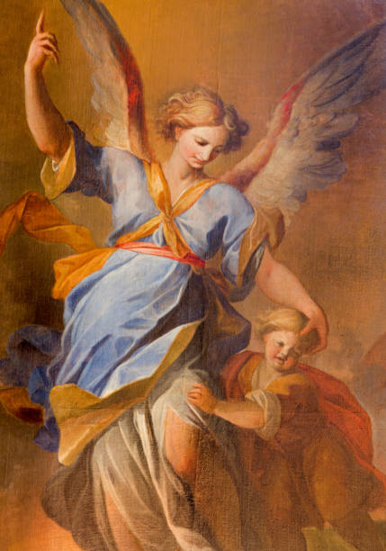 VIenna - Guardian angel with the child paint from side altar in baroque Jesuits church VIenna - Guardian angel with the child paint from side altar in baroque Jesuits church from 18. cent. pics of guardian angels stock pictures, royalty-free photos & images