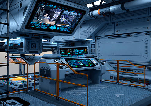 3D digital rendering of a science fiction control cabin