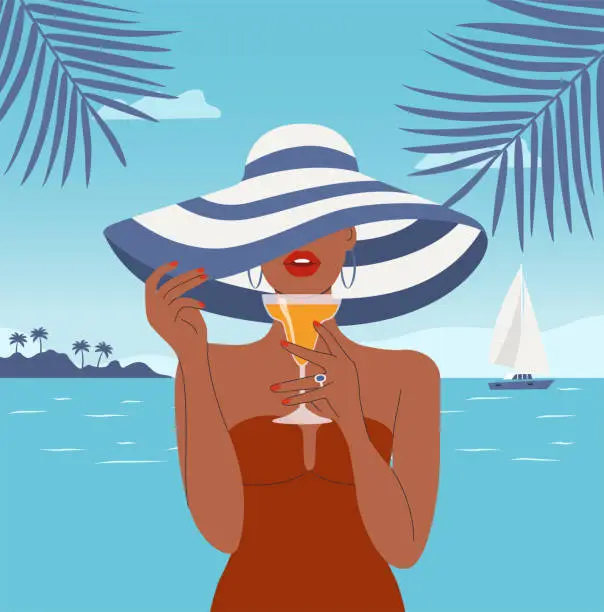 Vector illustration of Beach scene. Happy black girl with cocktail glass