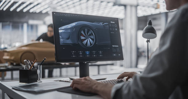 istock Automotive Designer and Modeler Working as a Team on Creating a Futuristic Car in a Studio. Engineer Working on Digital Render on Desktop Computer, Female Sculptor Creating a 3D Clay Model 1516863854