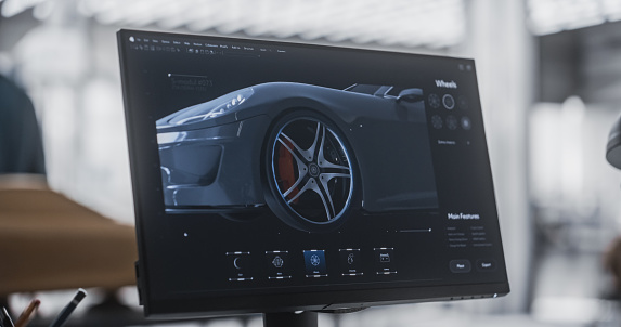 Close Up Computer Screen with 3D Customization Software for a Prototype Car. Gaming Experience for a Person Choosing Different Wheel Options for a Modern Automobile in a Vehicle Dealership Center