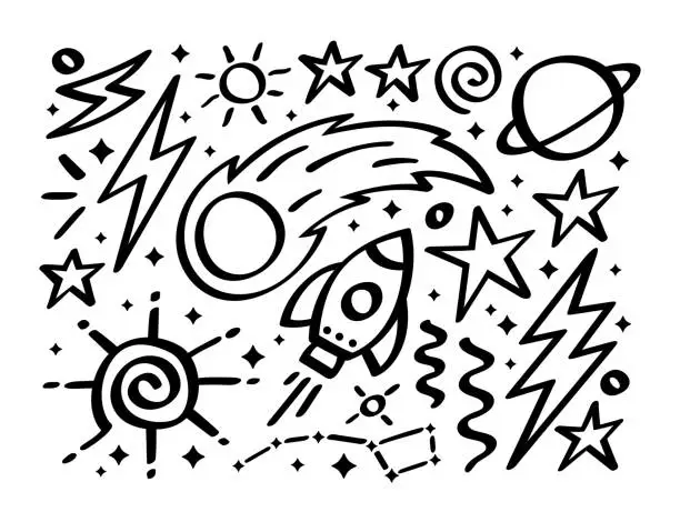 Vector illustration of Space Astronomy Sky Line Doodle Scribble Design Elements