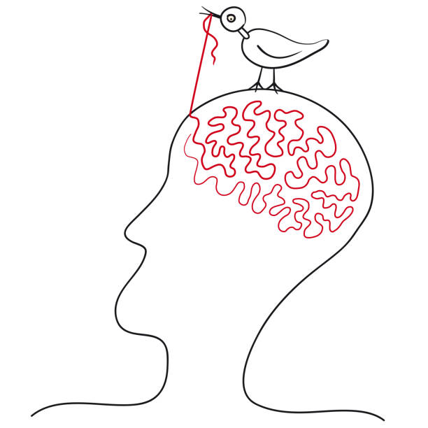 illustrations, cliparts, dessins animés et icônes de dessin surréaliste de la tête de profil avec un fil en forme de cerveau, oiseau tire le fil, illustration vectorielle - bird brain