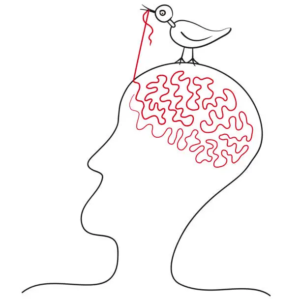 Vector illustration of Surreal drawing of profile head with wire in shape of brain, bird pulls the thread, vector illustration