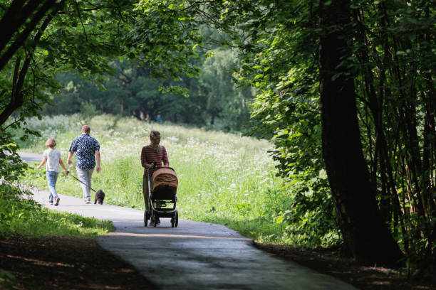 Young mother walks in the park with a stroller, Moscow