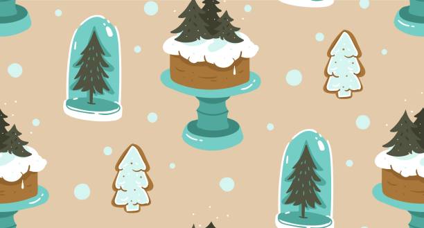 손으로 그린 벡터 추상 만화 크리스마스 원활한 패턴 스칸디나비아 홈 장식 요소 유리 전구, 공예 종이 배경에 고립 된 스탠드와 진저 쿠키에 휴일 케이크 - christmas cake stock illustrations