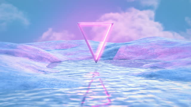 Neon pink triangle with Mountains and Water Futuristic Landscape Background