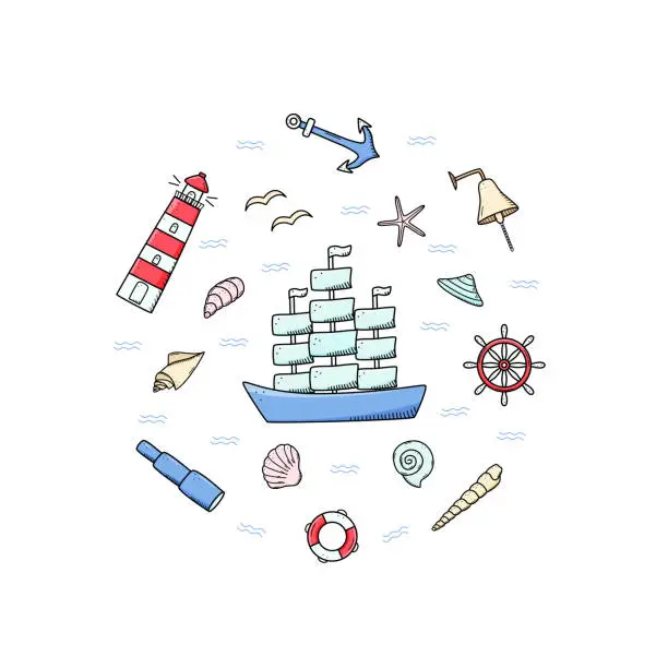 Vector illustration of Sea set of elements, icons of sea life. Ship telescope shells, lifebuoy anchor steering wheel bull, lighthouse and seagulls. Vector illustration, symbols of sailors or pirates.