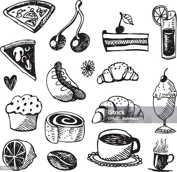 Big Vector Set Driks And Food Stock Illustration - Download Image Now - Cake, Cherry, Coffee - Drink