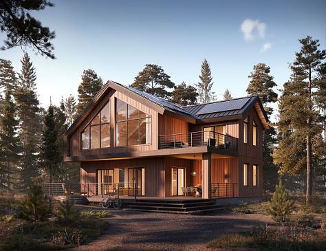 Digitally generated image of beautiful modern house in the forest. 3d rendering of a family house exterior in green forest during sunset.