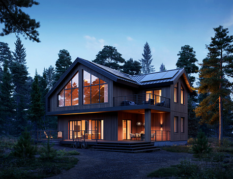 Computer generated image of a beautiful home in the forest. 3d render of modern forest house at night.