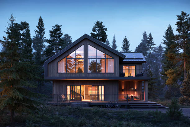 istock 3d render of forest house with large windows at night 1516938158
