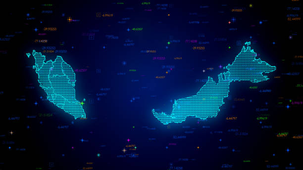 istock Futuristic Blue Colorful Shiny Digital Technology Hud Dots Mosaic Grid Malaysia Map Separate Regions Light Scanning With Numeric Tech 1516975745