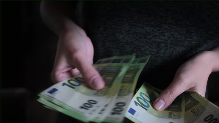 Housewife counting of euro notes, close up. Financial control and independence for women.