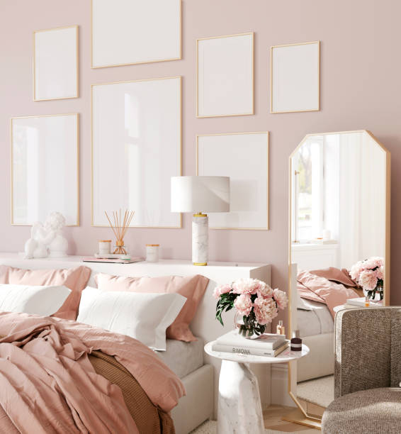 istock Frame mockup, Home interior background, Bedroom in pink pastel colors, 3d render 1517001647