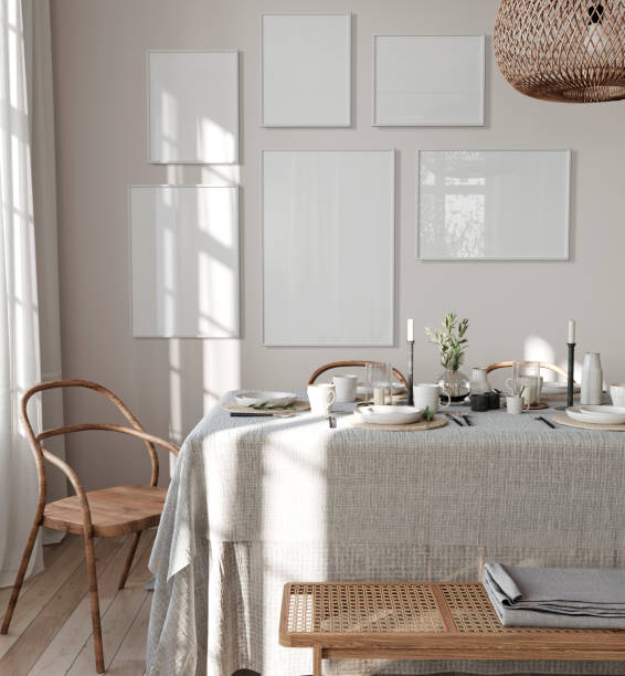 istock Frame mockup, Home interior background, Dining room with in beige colors, 3d render 1517001681