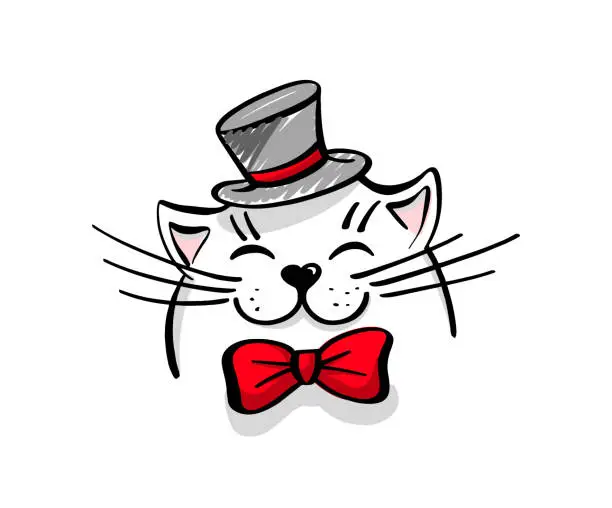 Vector illustration of Kawaii, a contented white cat with a hat and bow tie. Greeting card, drawing for your design. Hand drawn vector illustration. Cartoon style