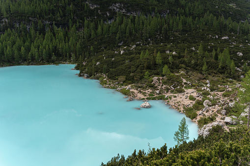 Scenic view of the torquiest colored Sorapis Lake, Dolomites, Italy