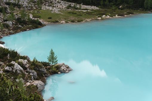 Scenic view of the turquoise colored Sorapis Lake, Dolomites, Italy