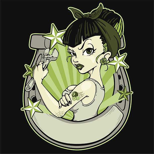 Rockabilly Lady luck The motif "Lady Rack", which is often used in gambling and hot rods, is arranged in a rockabilly style. Please put text in the horseshoe and use it. pin up girls and cars stock illustrations