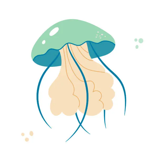 Vector illustration of Jellyfish cartoony flat decoration. Hand-drawn poisonous medusa, marine oceanic inhabitant, simple nautical character design.