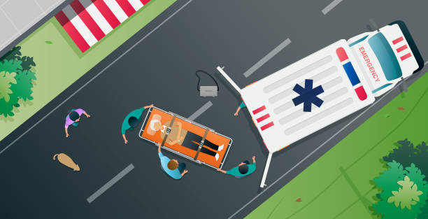 Ambulance team. Ambulance workers rushing to help patients transport to hospital. paramedic with ambulance stock illustrations