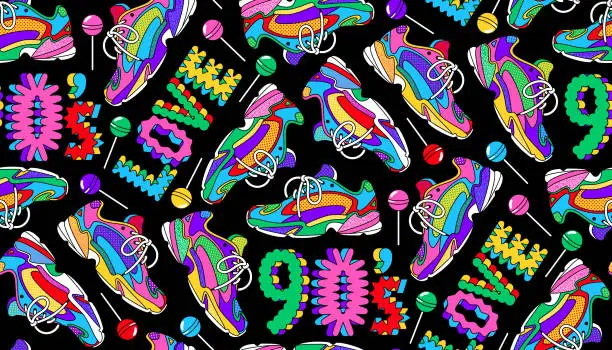 Vector illustration of 90s seamless pattern in retro flat cartoon style, vector background with text Love 90s, sneakers and lollipops