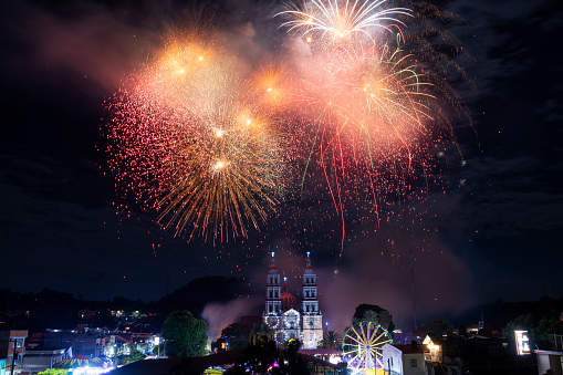 Fireworks in the community of San Juan Nuevo, Michoacán, Mexico during a Purépecha celebration.