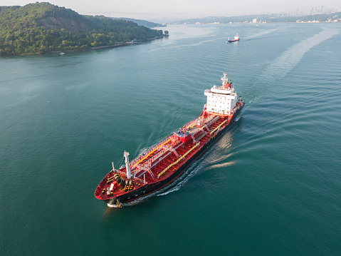Aerial view tanker ship with liquid bulk cargo in transit in Istanbul bosphorus.