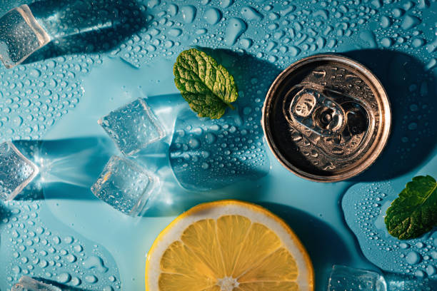 레몬 슬라이스, 민트 잎, 소다 캔 및 얼음 조각으로 만든 창의적인 여름 구성. 미니멀한 레모네이드 음료 컨셉. - consumption level 뉴스 사진 이��미지