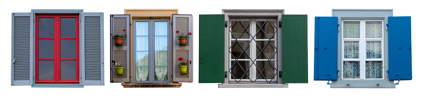banner or traditional colorful windows with  shutters, europe, isolated, white background