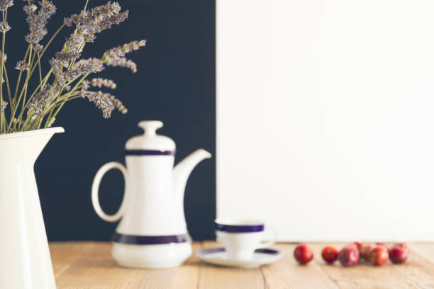 Still life, kitchen interior with jug and lavender flowers
