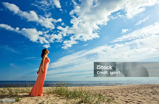 Woman In Pink Dress On Seacoast Stock Photo - Download Image Now - Adult, Adults Only, Beach