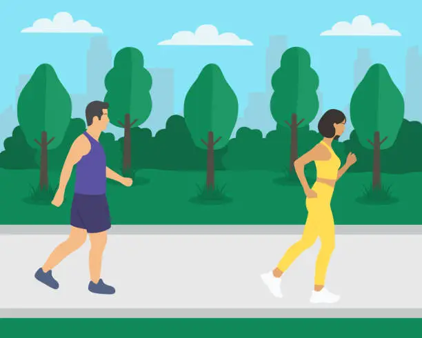Vector illustration of Young Woman And Man Running At The Park. Sports And Healthy Lifestyle Concept